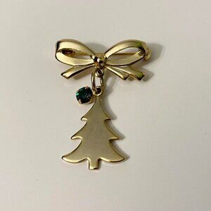 Vintage Christmas Pin Brooch Bow Tree Green Rhinestone Dangle